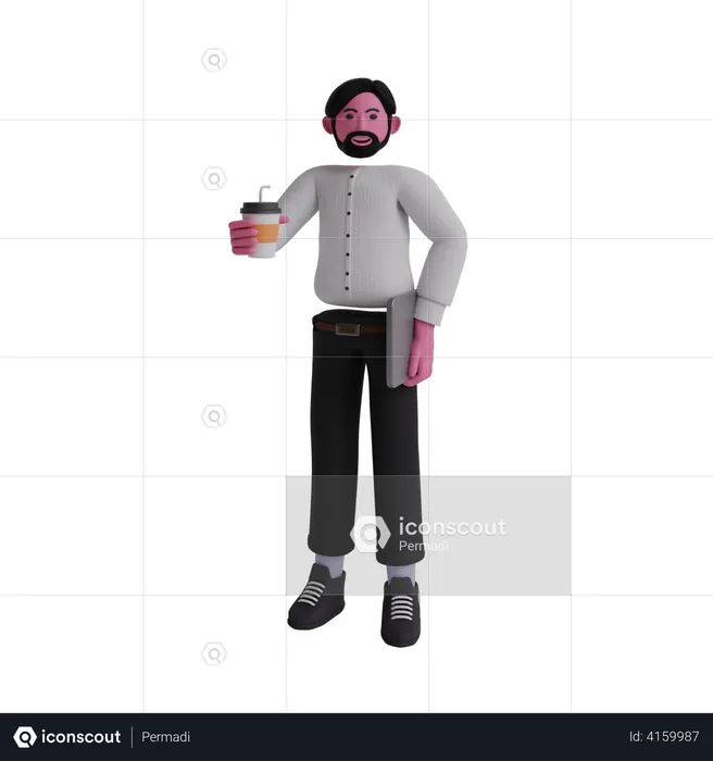 Man holding laptop and coffee cup  3D Illustration