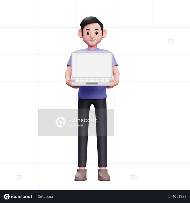 Man holding laptop and showing screen  3D Illustration