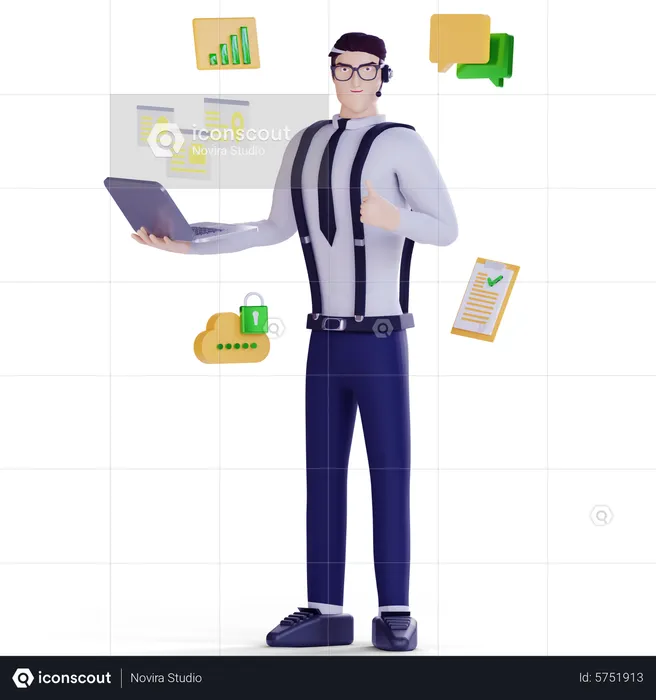 Man holding laptop and work for customer service  3D Illustration