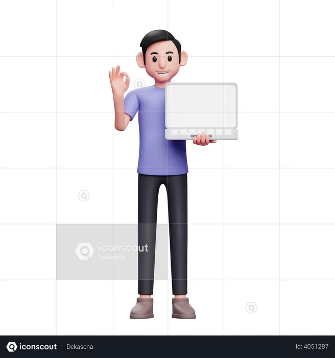 Man holding laptop while giving ok sign  3D Illustration