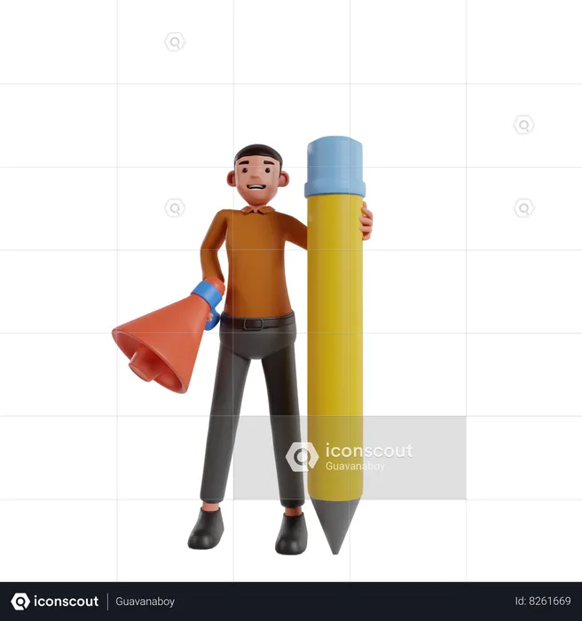 Man Holding Megaphone And Pencil  3D Illustration