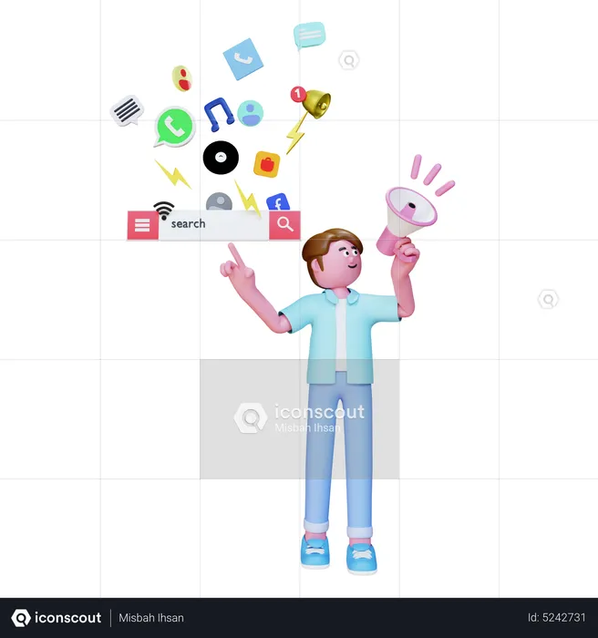 Man holding megaphone doing digital marketing  3D Illustration