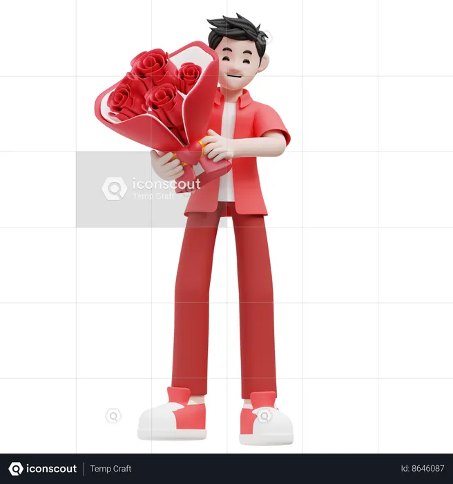 Man Holding Rose Bouquet  3D Illustration