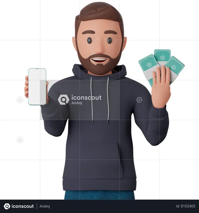 Man holding  smart phone and bunch of cash  3D Illustration