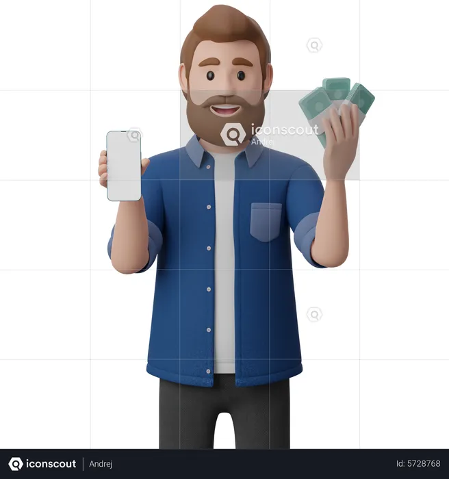 Man Holding Smart Phone And Bunch Of Cash  3D Illustration