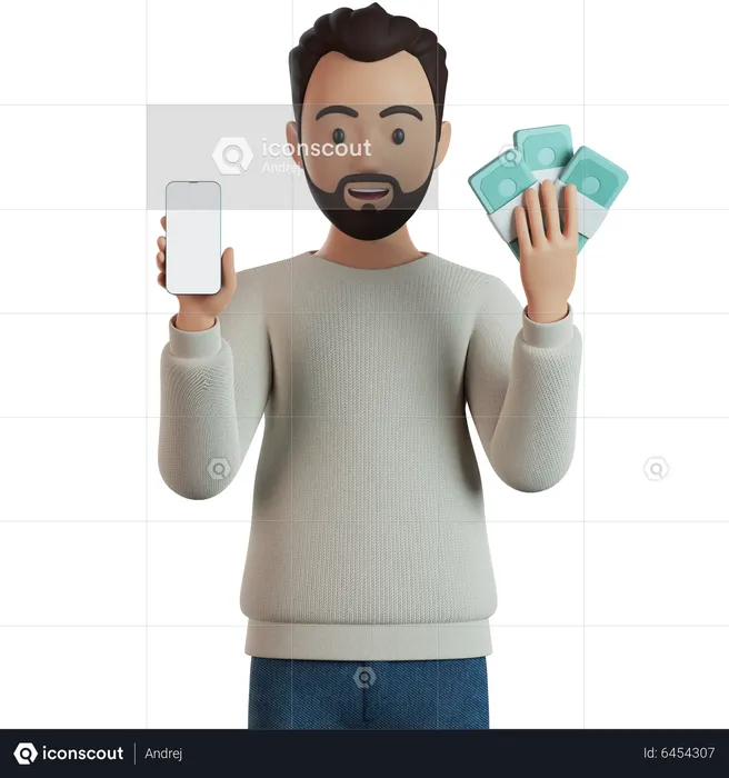 Man Holding Smartphone And Bunch Of Cash  3D Illustration