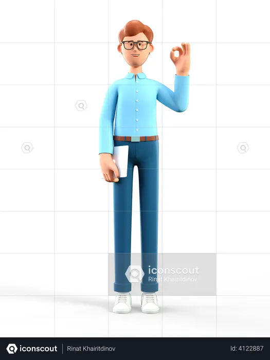 Man holding tablet with ok gesture showing  3D Illustration