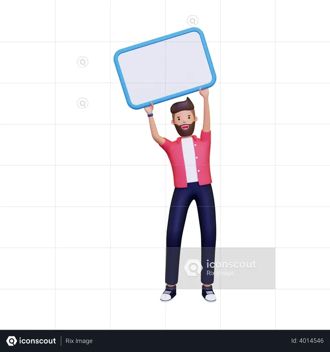 Man holding up a white board  3D Illustration