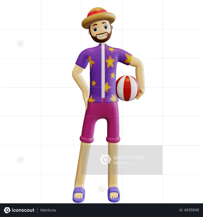 Man Holding Volleyball on Beach  3D Illustration