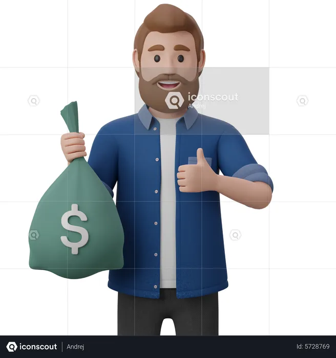 Man Holds A Bag Of Money  3D Illustration