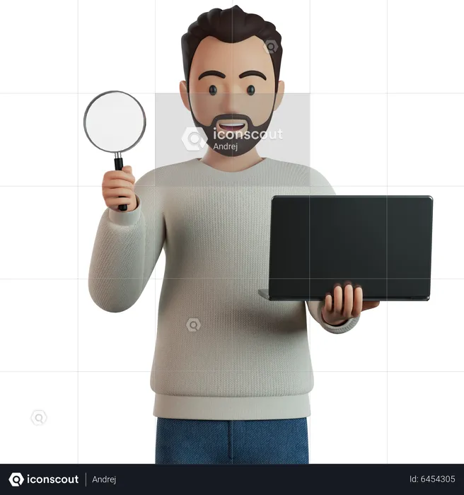 Man Holds A Magnifying Glass And A Laptop In His Hand  3D Illustration