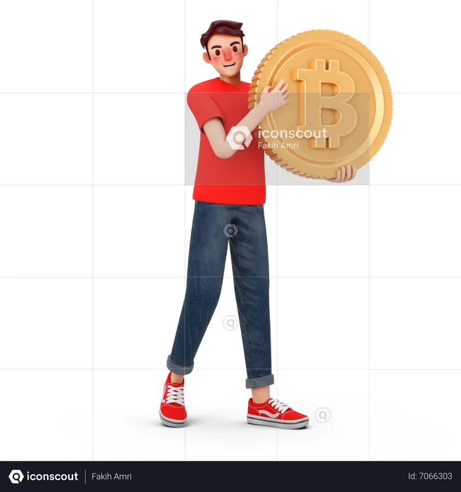 Man holds bitcoin  3D Illustration