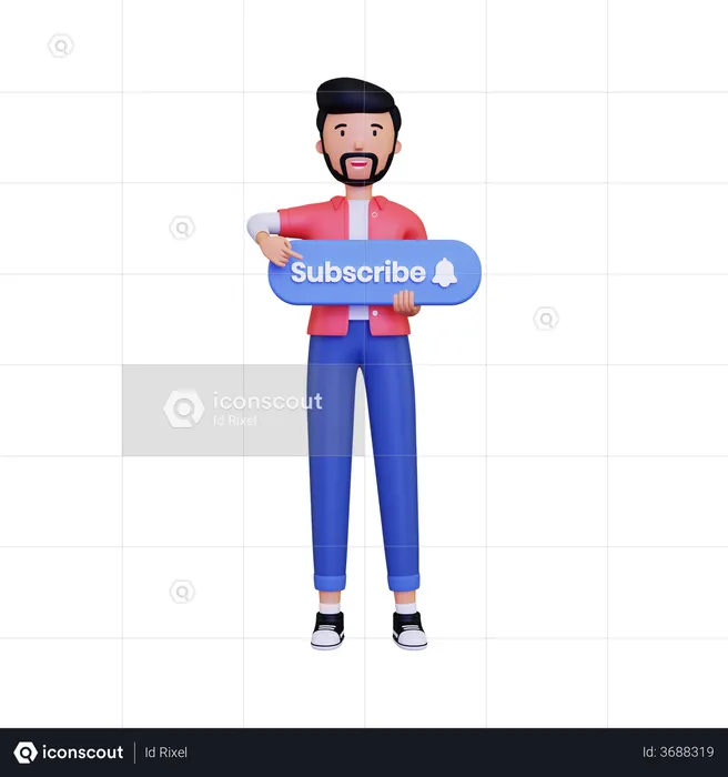 Man holds the subscribe button while pointing  3D Illustration