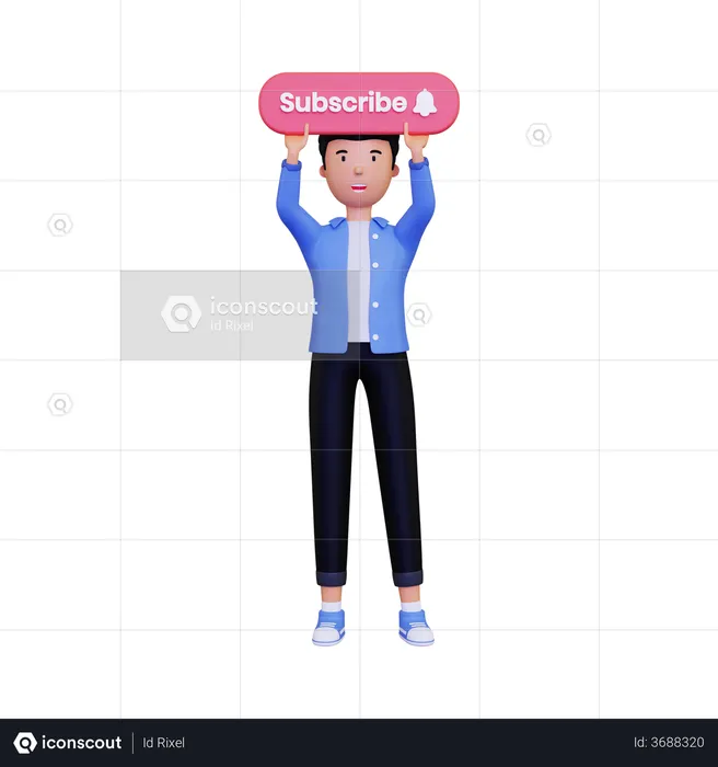 Man holds up the subscribe button  3D Illustration