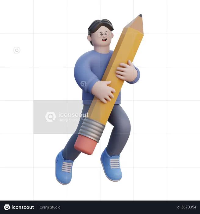Man Hugging Pencil  3D Illustration