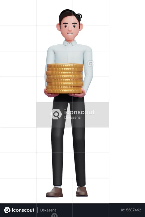 Man in a blue shirt carry piles of gold coins  3D Illustration