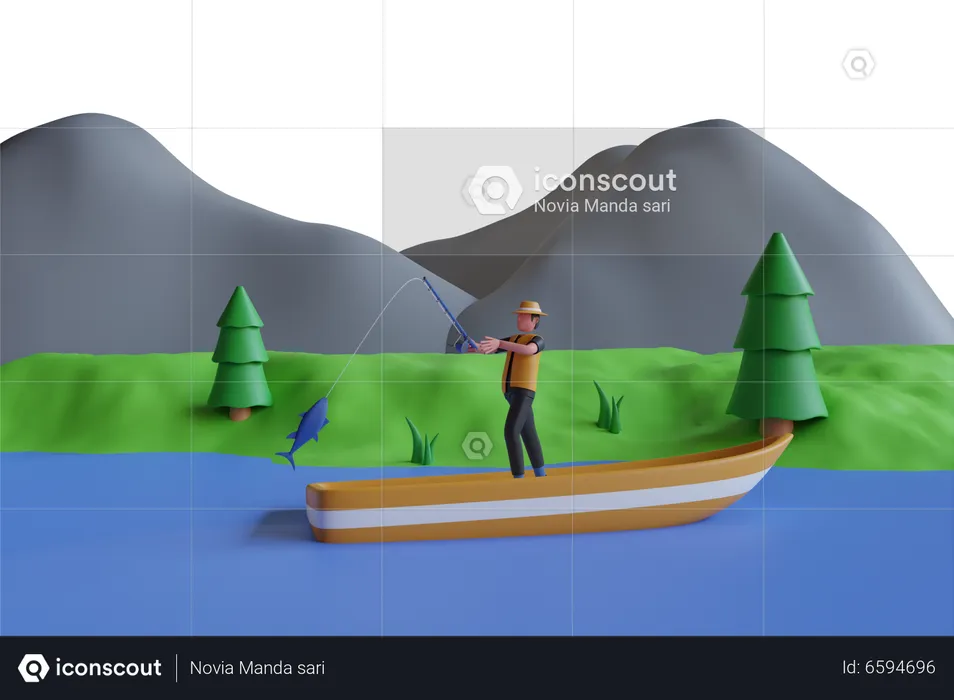 Man in hat with fishing rod  3D Illustration