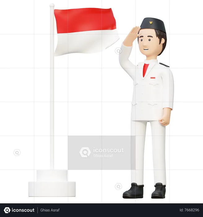 Man in uniform saluting Indonesian flag  3D Illustration