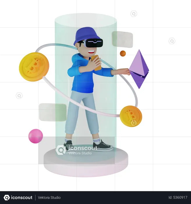 Man investing in crypto using VR tech  3D Illustration