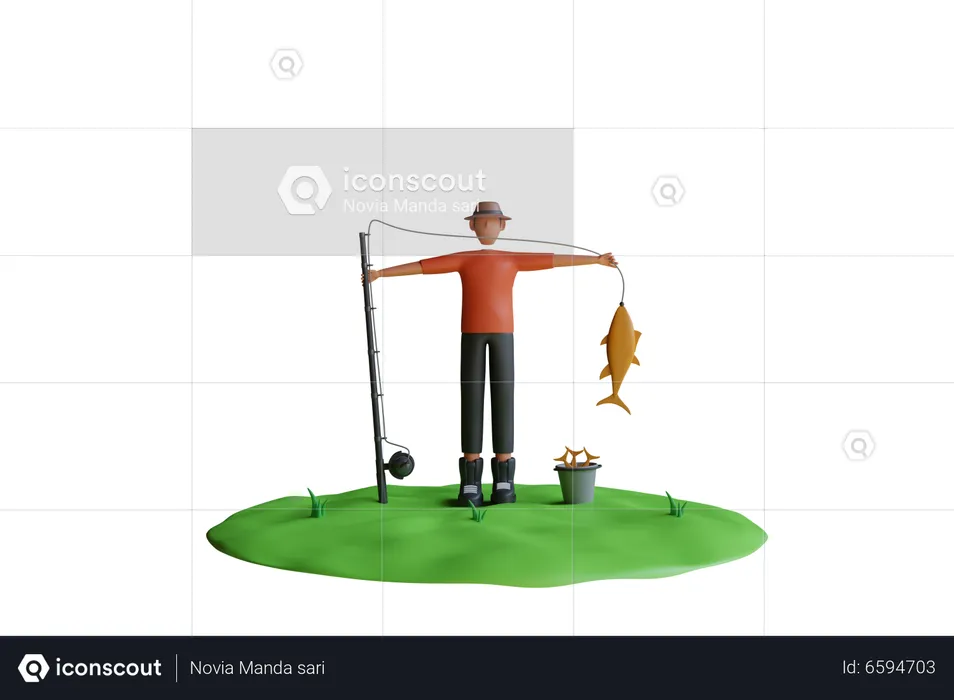 Man is catching fish with fishing rod  3D Illustration