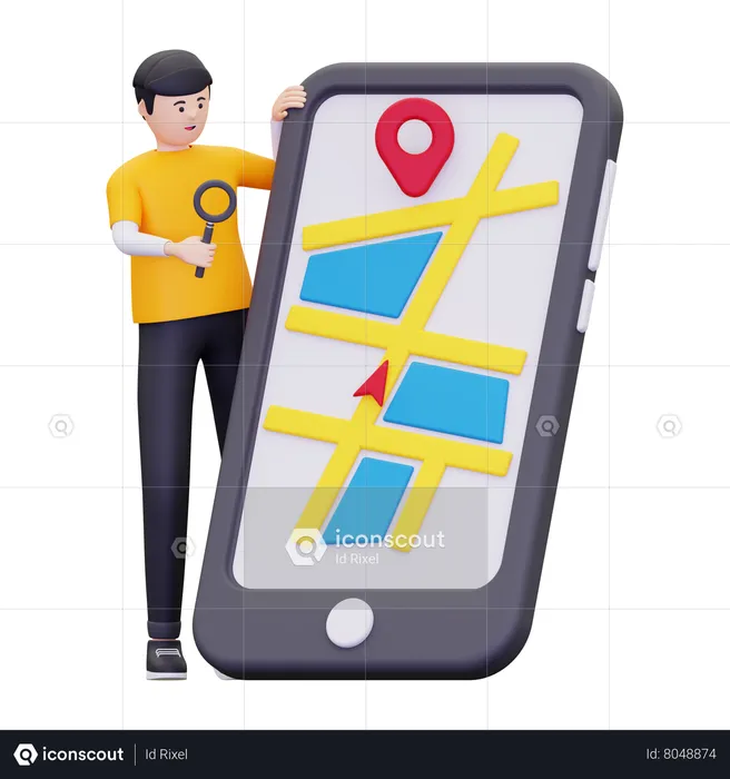 Man Is Looking For A Location Point On A Smartphone  3D Illustration