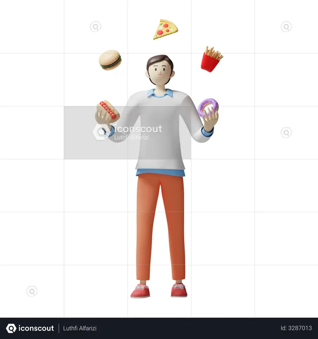 Man juggling with fastfood  3D Illustration