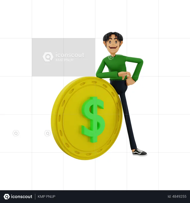 Man leaning on dollar coin  3D Illustration