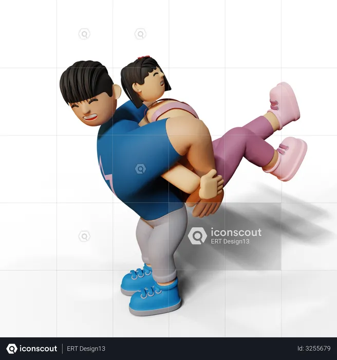 Man lifting woman on back  3D Illustration
