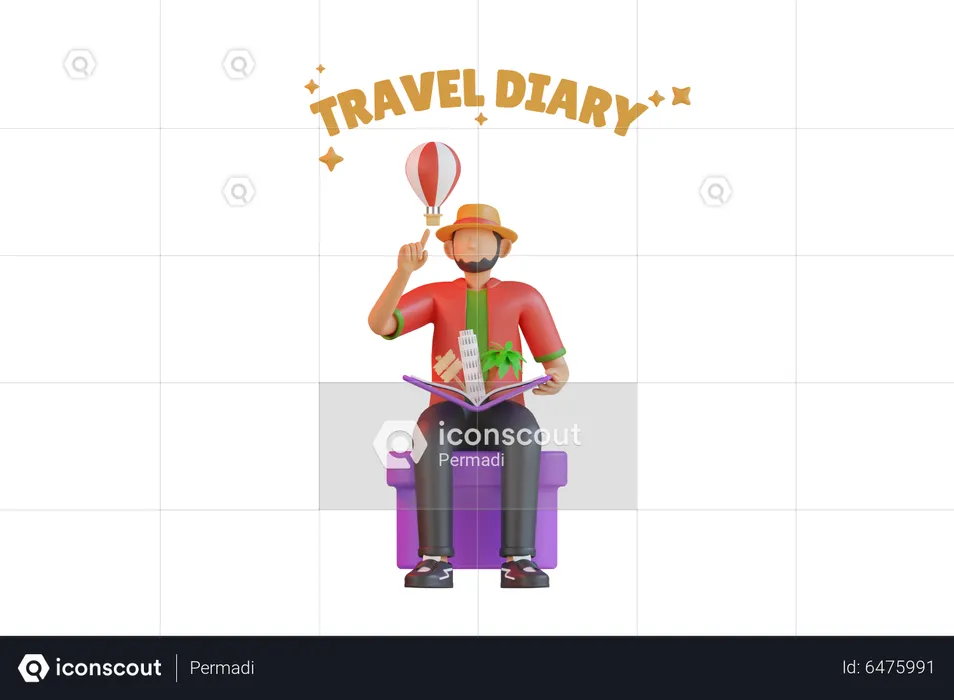 Man look into travel diary  3D Illustration