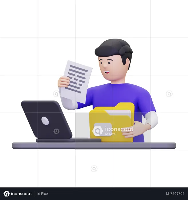 Man looking at data using a laptop  3D Illustration