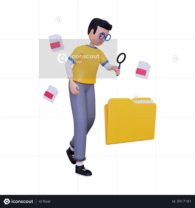 Man looking for document using magnifying glass  3D Illustration