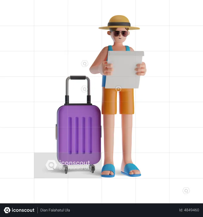 Man Looking travel map on beach trip  3D Illustration