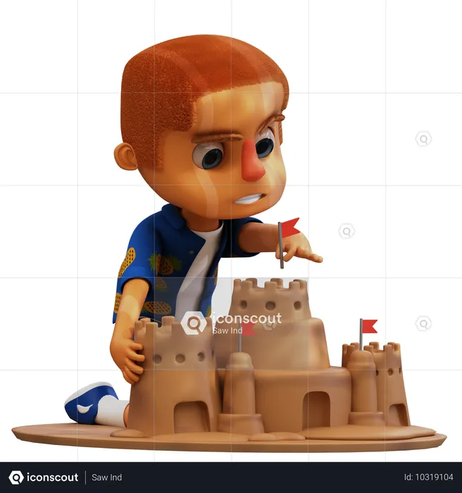 Man making sand castle on the beach  3D Illustration