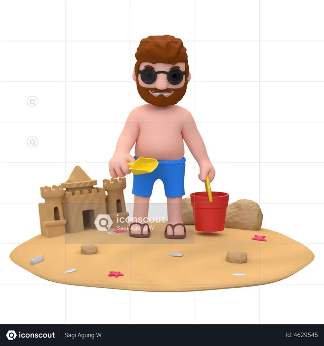 Man Making Sandcastle  3D Illustration