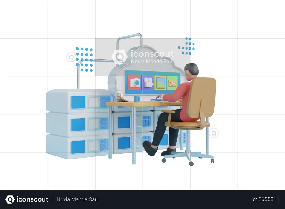 Man manage cloud storage library  3D Illustration