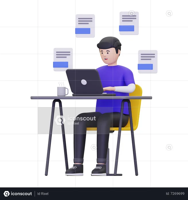 Man opening a text file using a laptop  3D Illustration