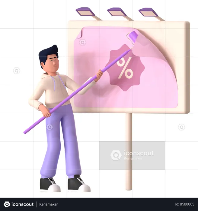 Man Painting Advertising On Billboard  3D Illustration