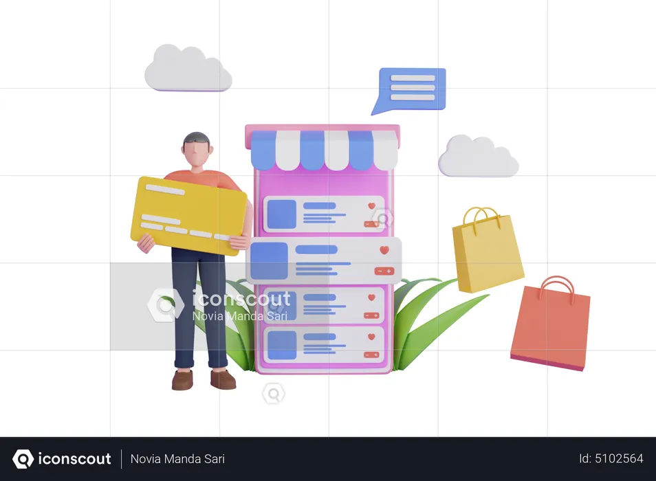 Man paying via card for online shopping wishlist  3D Illustration