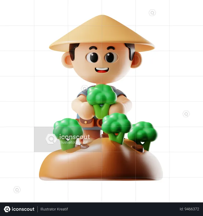 Man Planting Broccoli  3D Illustration