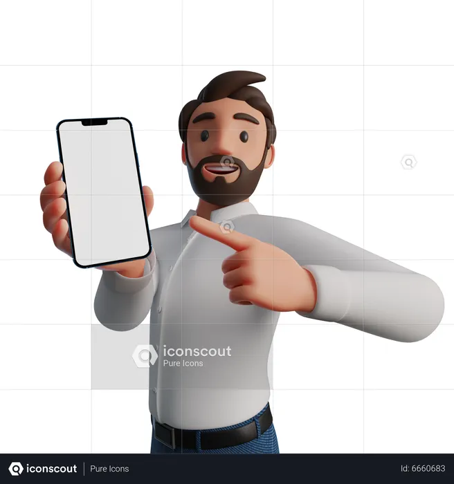 Man pointing at blank smartphone screen  3D Illustration