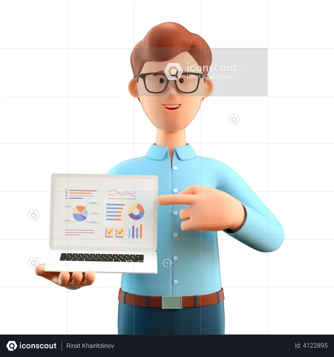 Man pointing finger at screen of laptop computer with business charts  3D Illustration