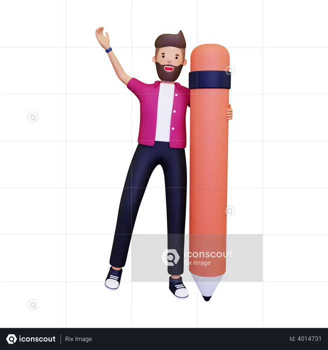 Man Posing Next To Pencil  3D Illustration