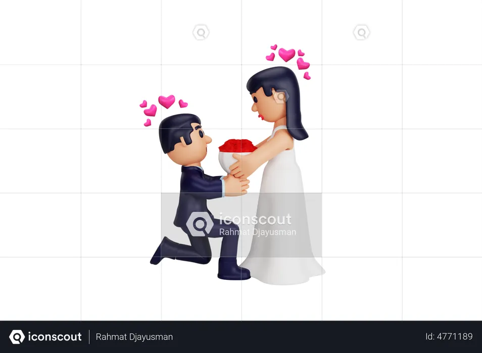 Man Proposes to Girl with flower Bouquet  3D Illustration