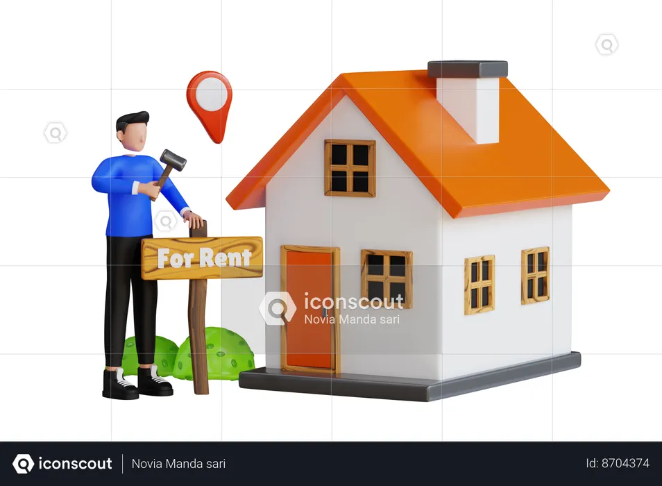 Man Putting Home For Rent Board  3D Illustration