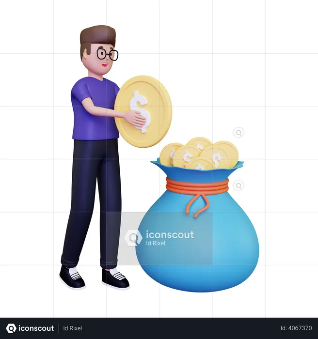 Man putting money in bag  3D Illustration