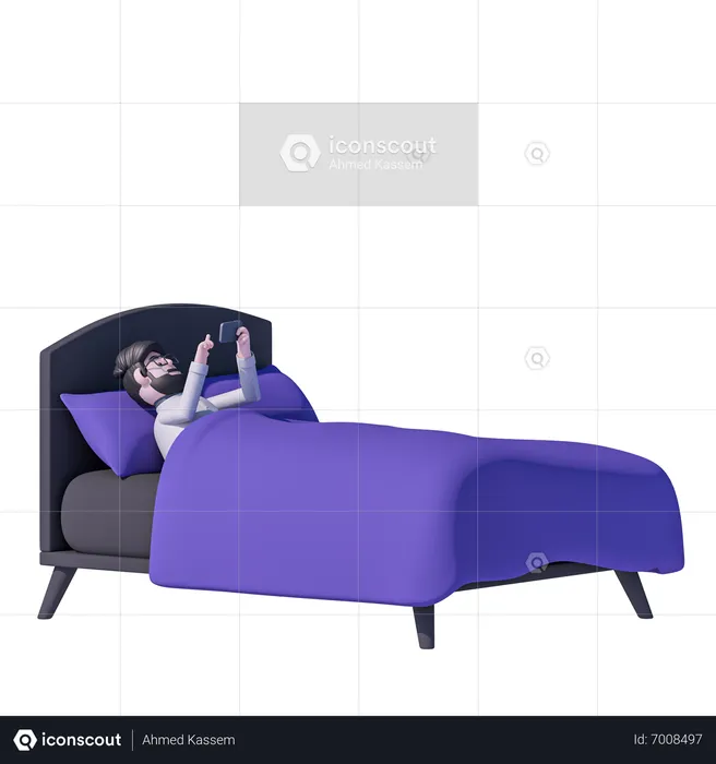Man Relax On Bed And Watch Mobile Before Sleeping  3D Icon