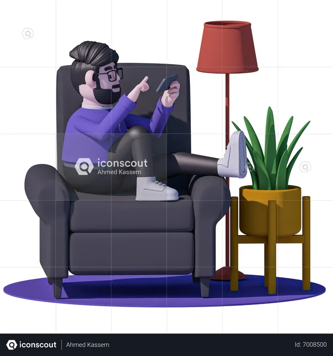 Man Relax On Chair Type Massage On Mobile  3D Icon