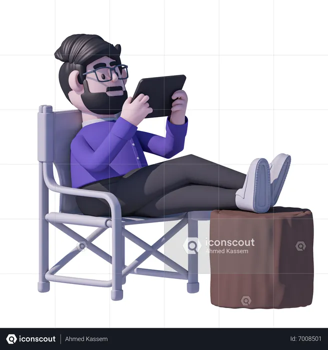 Man Relaxation On Chair And Watch Tablet  3D Icon