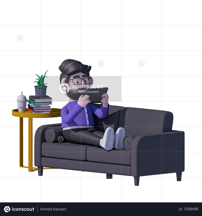 Man Relaxation On Sofa And Watch Tablet  3D Icon