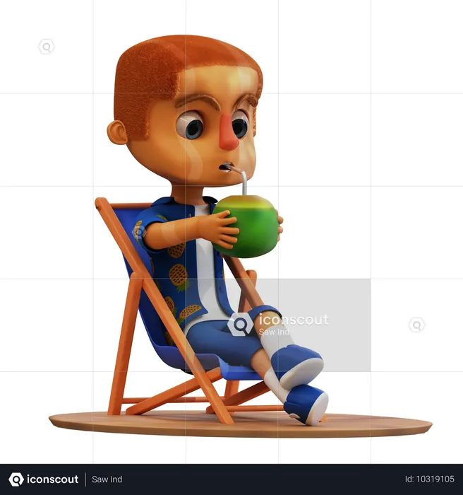 Man Relaxing on Beach Drinking Coconut  3D Illustration